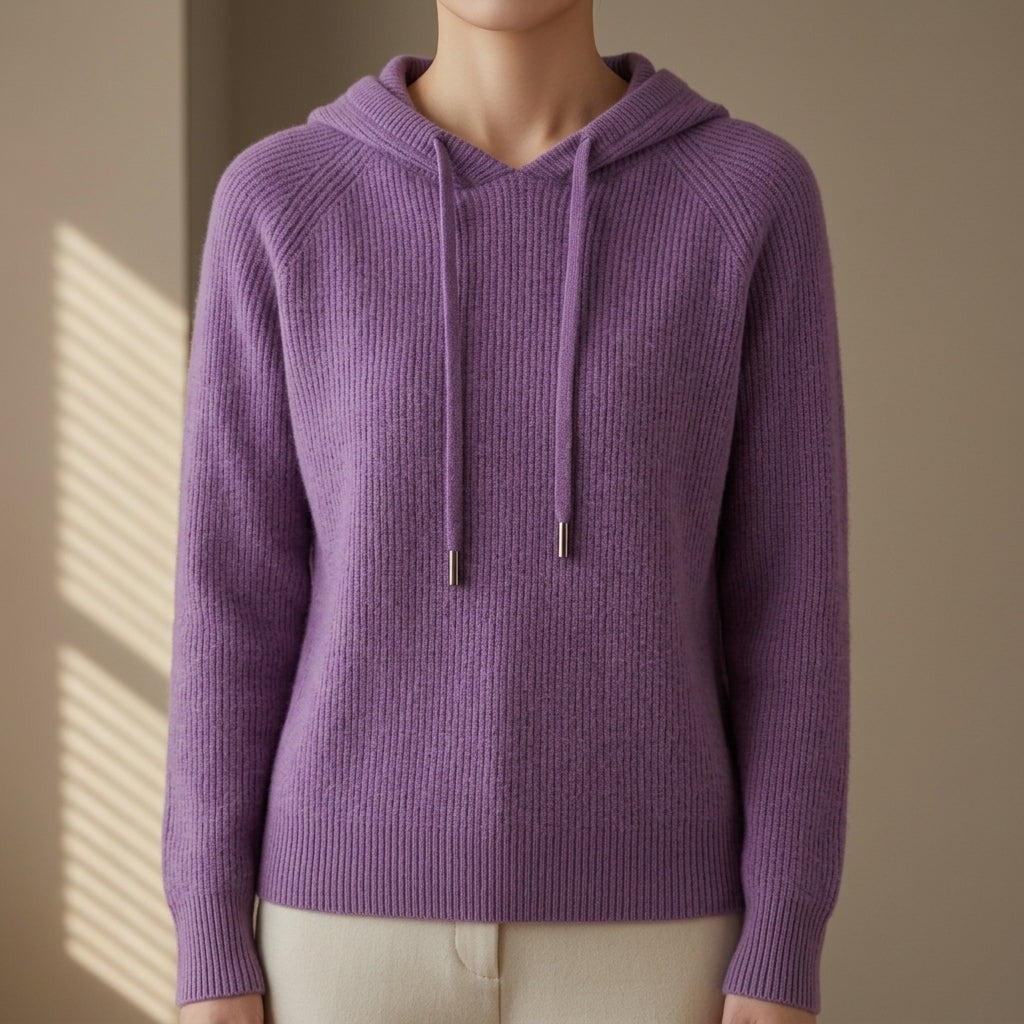 Damen-Strickhoodie aus Kaschmirmischung mit Kapuze und Kordelzug in Lavendel