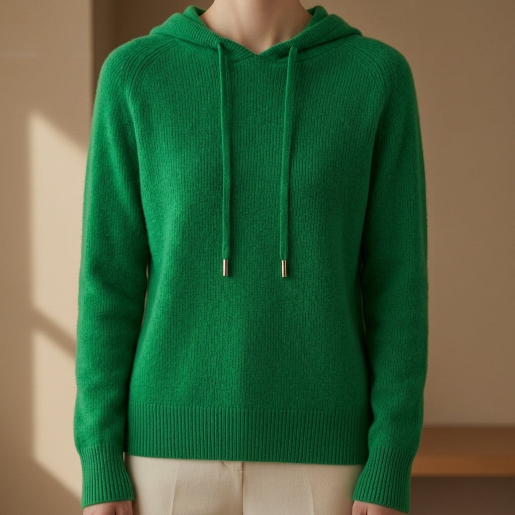 Damen-Strickhoodie aus Kaschmirmischung mit Kapuze und Kordelzug in Smaragdgrün