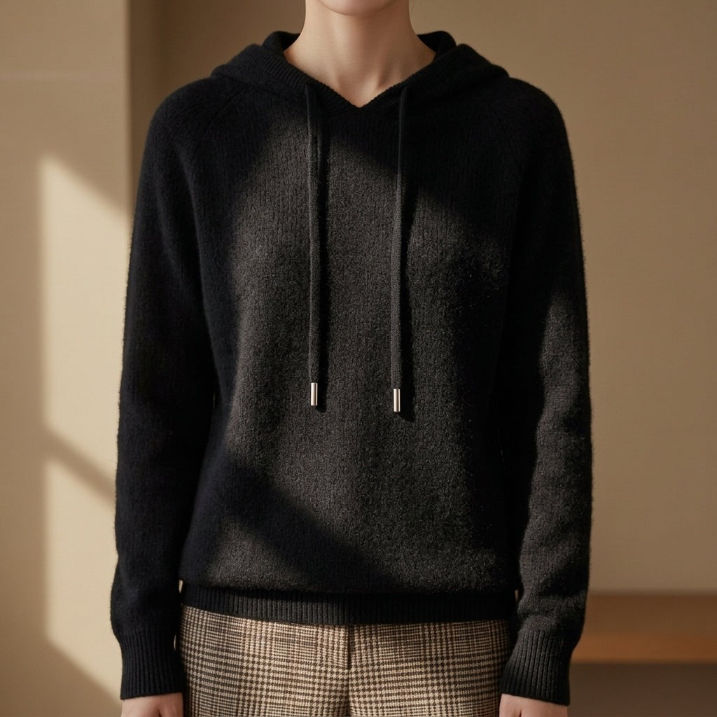 Damen-Strickhoodie aus Kaschmirmischung mit Kapuze und Kordelzug in Tiefschwarz