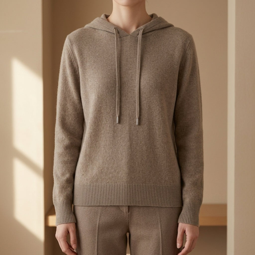 Damen-Strickhoodie aus Kaschmirmischung mit Kapuze und Kordelzug in Taupe-Beige
