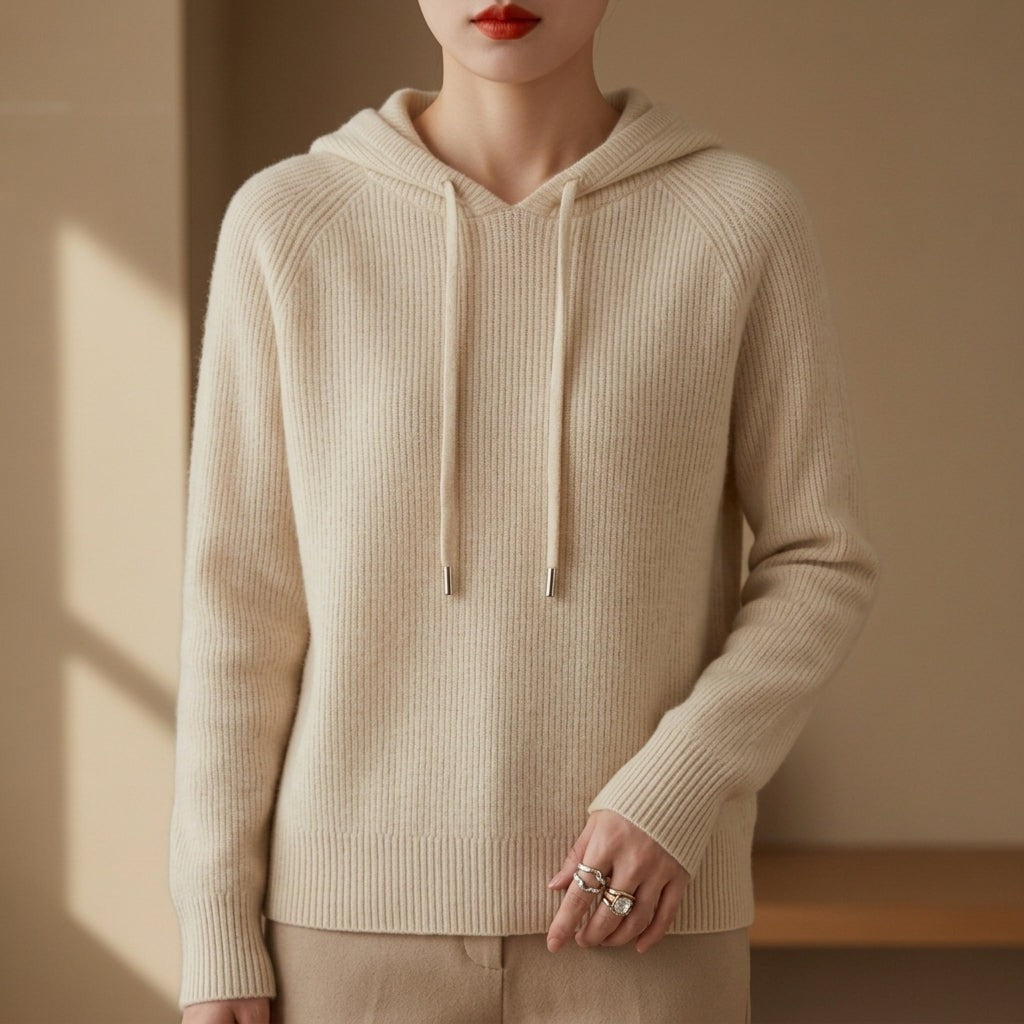 Damen-Strickhoodie aus Kaschmirmischung mit Kapuze und Kordelzug in Elfenbein