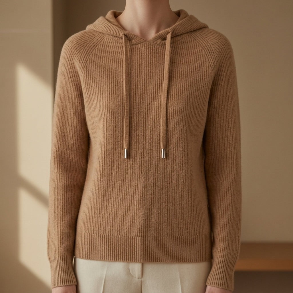 Damen-Strickhoodie aus Kaschmirmischung mit Kapuze und Kordelzug in Camel