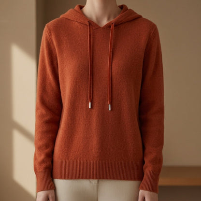 Damen-Strickhoodie aus Kaschmirmischung mit Kapuze und Kordelzug in Terrakotta