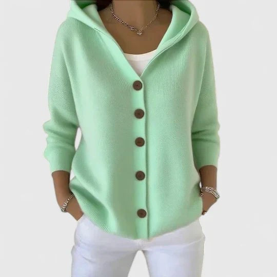 Damen-Strickjacke aus Baumwolle mit Kapuze und durchgehender Knopfleiste in Grün
