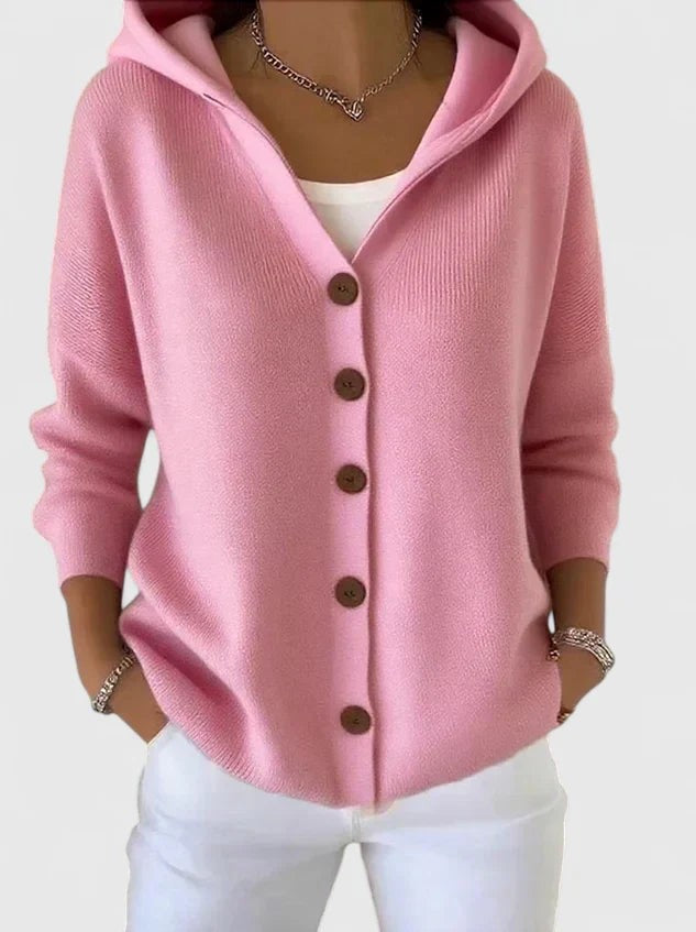 Damen-Strickjacke aus Baumwolle mit Kapuze und durchgehender Knopfleiste in Pink