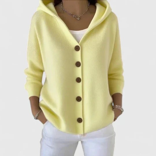 Damen-Strickjacke aus Baumwolle mit Kapuze und durchgehender Knopfleiste in Gelb