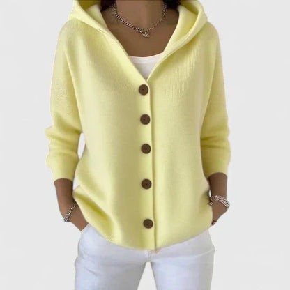 Damen-Strickjacke aus Baumwolle mit Kapuze und durchgehender Knopfleiste in Gelb