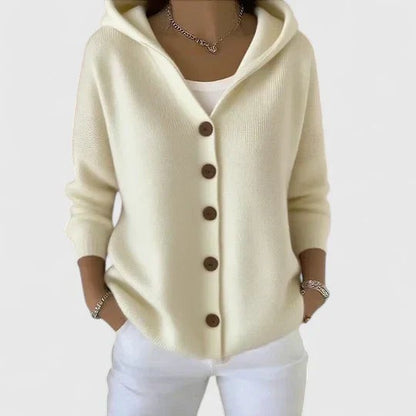 Damen-Strickjacke aus Baumwolle mit Kapuze und durchgehender Knopfleiste in Beige