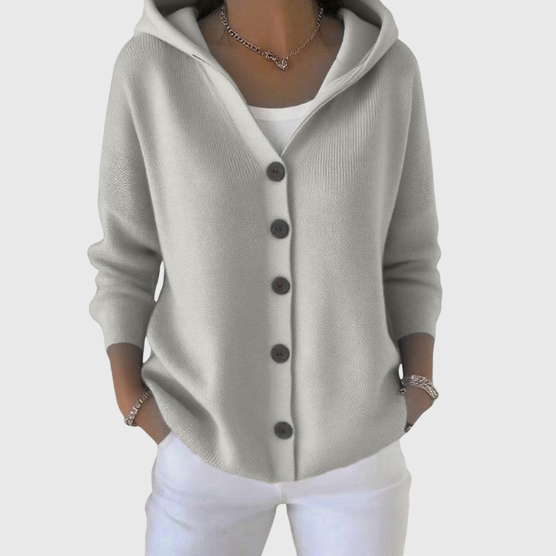 Damen-Strickjacke aus Baumwolle mit Kapuze und durchgehender Knopfleiste in Grau