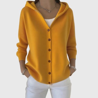 Damen-Strickjacke aus Baumwolle mit Kapuze und durchgehender Knopfleiste in Orange
