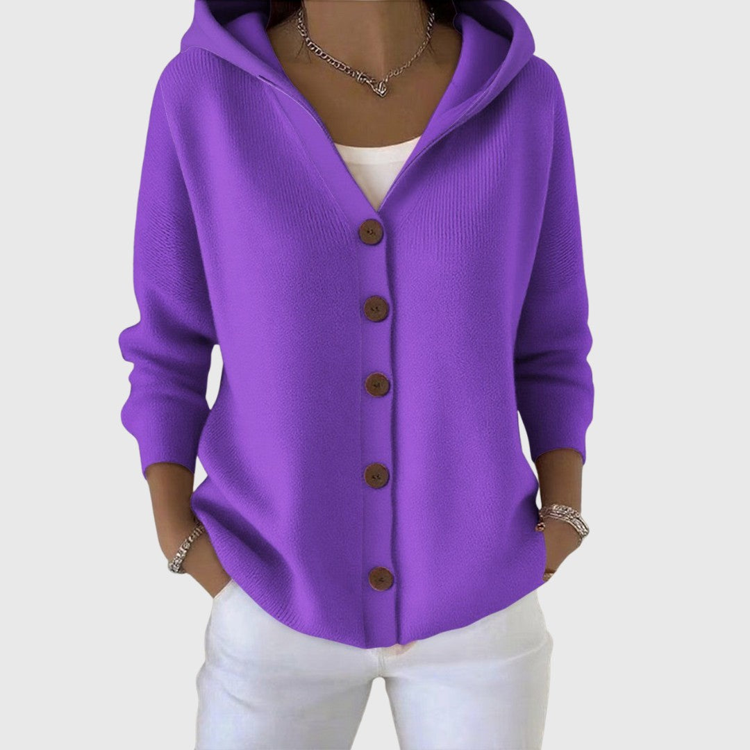 Damen-Strickjacke aus Baumwolle mit Kapuze und durchgehender Knopfleiste in Lila