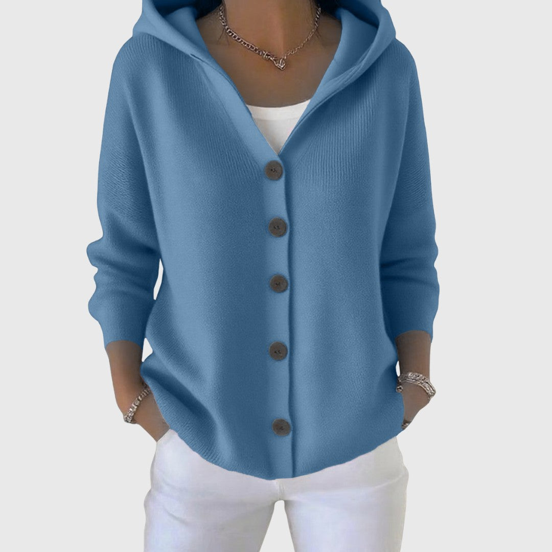 Damen-Strickjacke aus Baumwolle mit Kapuze und durchgehender Knopfleiste in Blau