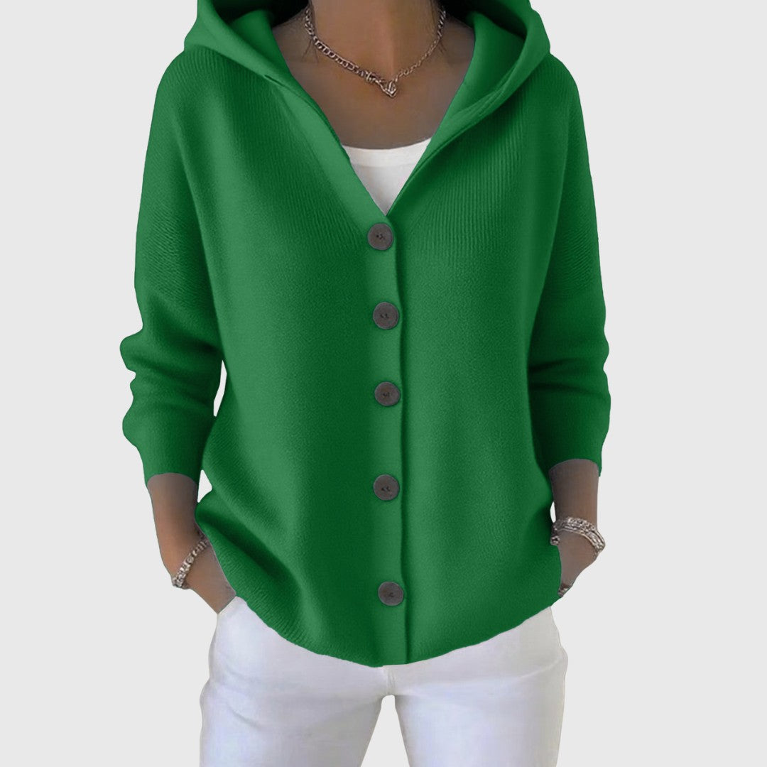 Damen-Strickjacke aus Baumwolle mit Kapuze und durchgehender Knopfleiste in Dunkelgrün