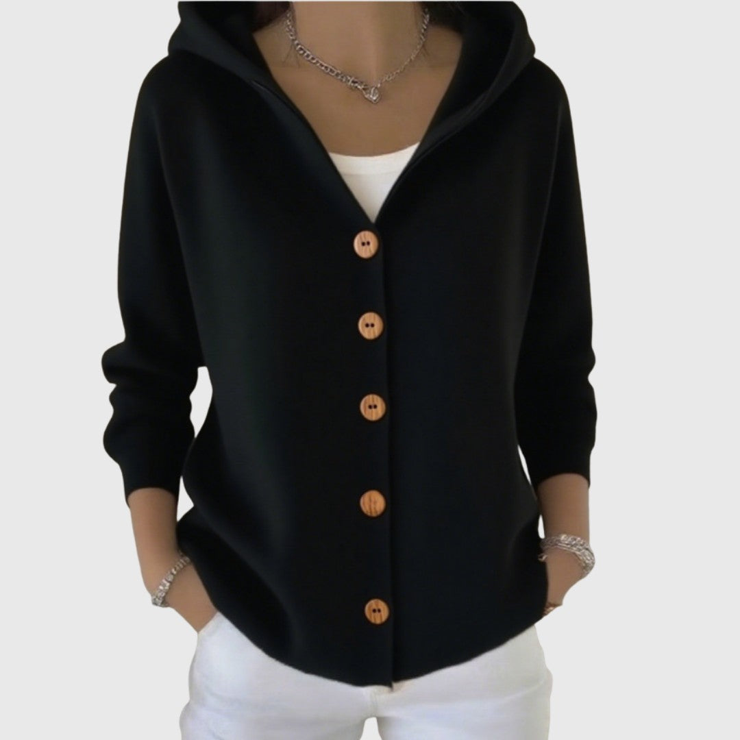 Damen-Strickjacke aus Baumwolle mit Kapuze und durchgehender Knopfleiste in Schwarz