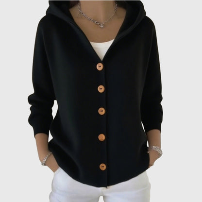 Damen-Strickjacke aus Baumwolle mit Kapuze und durchgehender Knopfleiste in Schwarz
