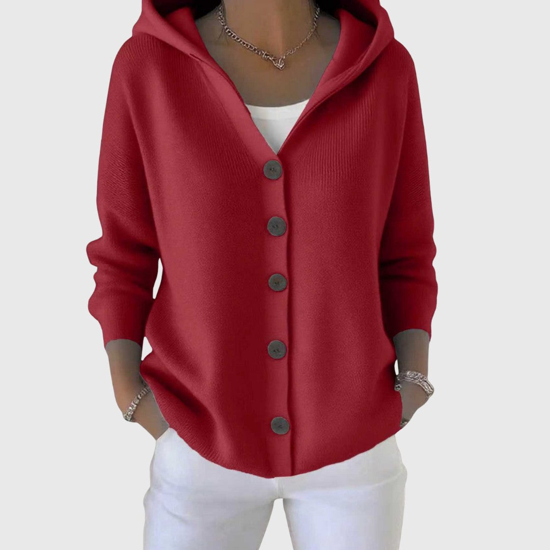 Damen-Strickjacke aus Baumwolle mit Kapuze und durchgehender Knopfleiste in Rot
