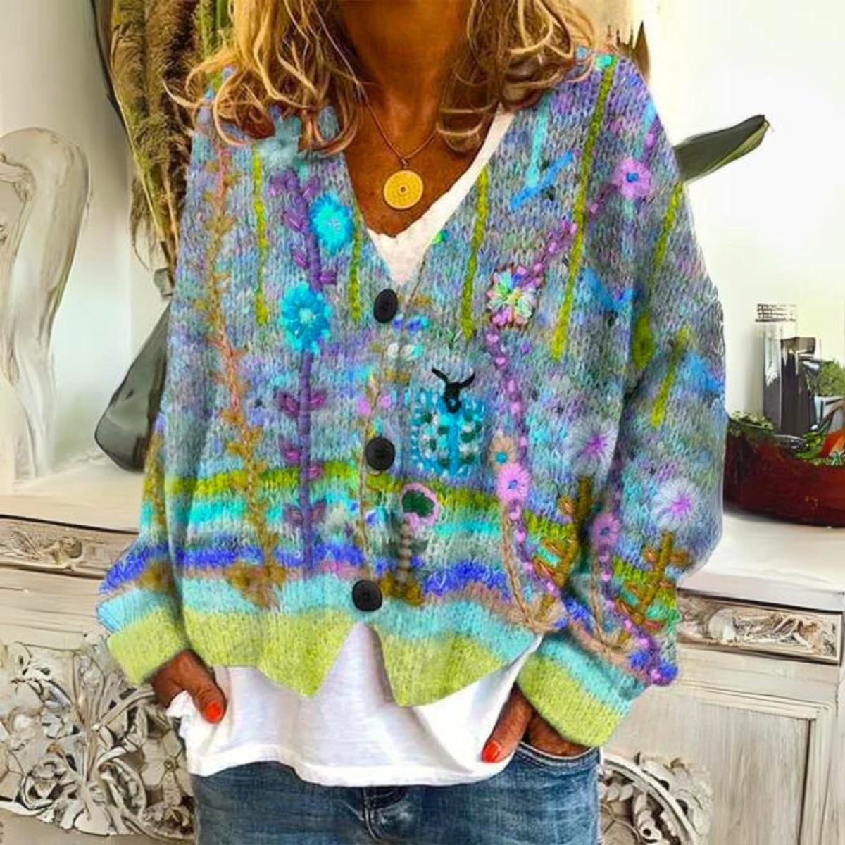 Damen-Strickjacke mit bunter Blumenstickerei, V-Ausschnitt und Knopfleiste in Grün