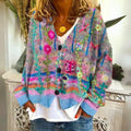 Damen-Strickjacke mit bunter Blumenstickerei, V-Ausschnitt und Knopfleiste