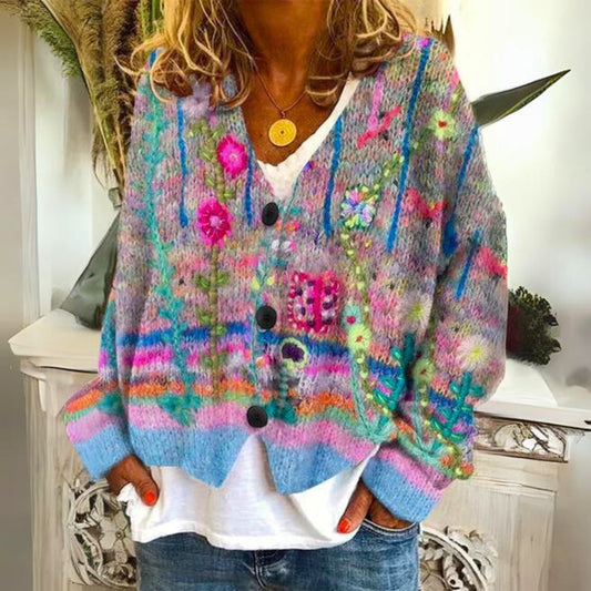 Damen-Strickjacke mit bunter Blumenstickerei, V-Ausschnitt und Knopfleiste in Blau