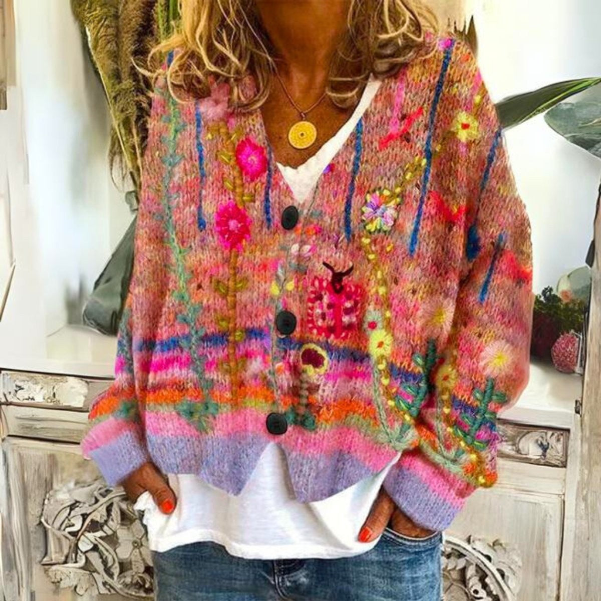 Damen-Strickjacke mit bunter Blumenstickerei, V-Ausschnitt und Knopfleiste in Rot