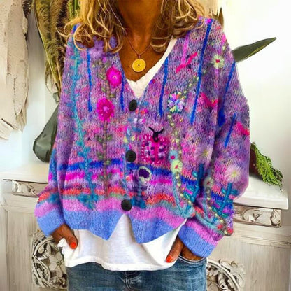 Damen-Strickjacke mit bunter Blumenstickerei, V-Ausschnitt und Knopfleiste in Lila