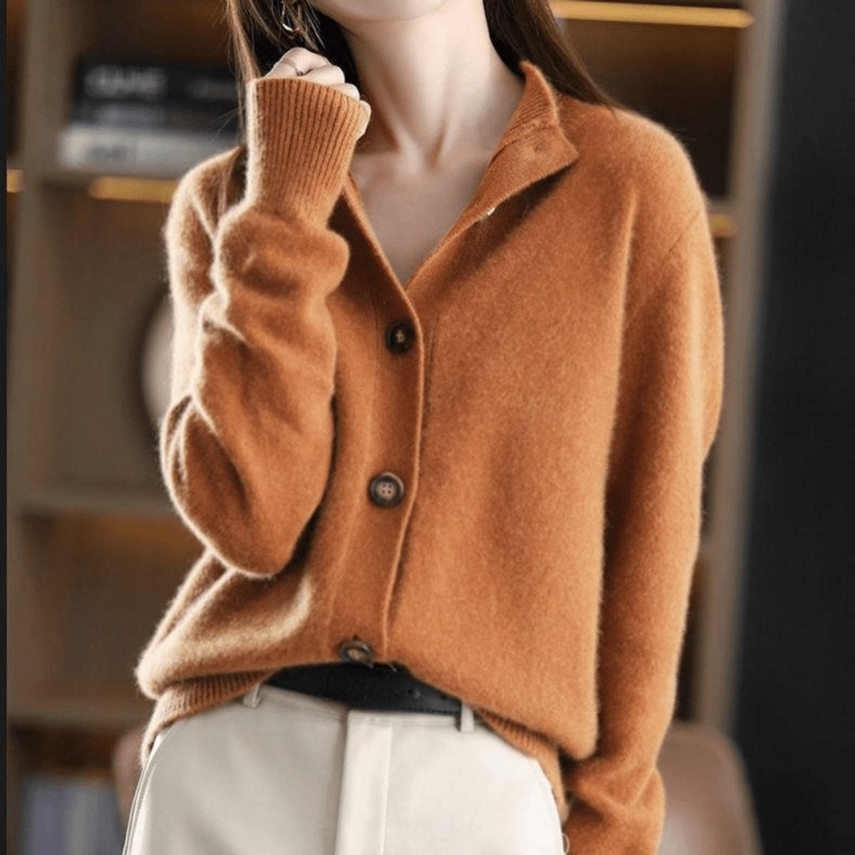 Damen-Strickjacke mit Kaschmiranteil, Stehkragen und durchgehender Knopfleiste, Ansicht 7