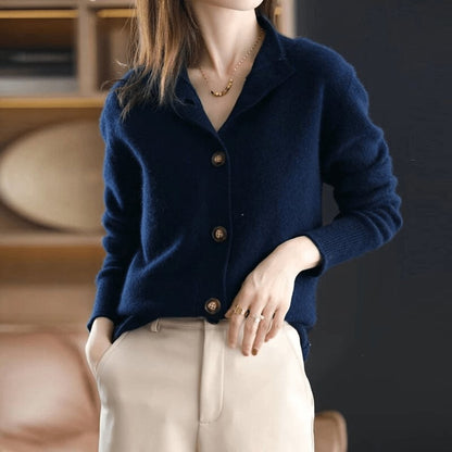 Damen-Strickjacke mit Kaschmiranteil, Stehkragen und durchgehender Knopfleiste in Dunkelblau