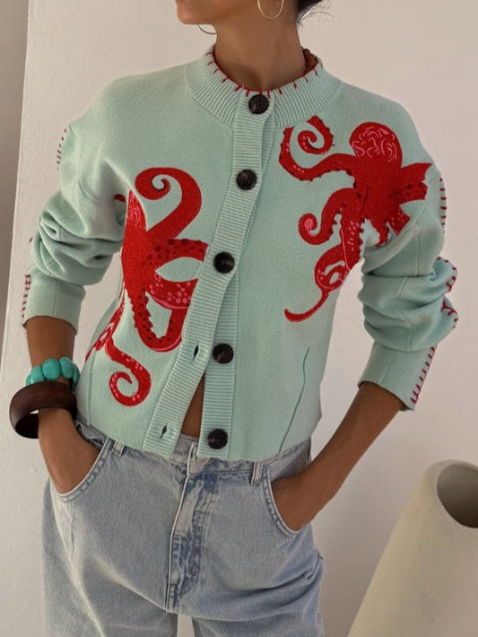 Damen-Strickjacke mit Oktopus-Motiv, Rundhals, Knopfleiste und Rippbündchen in Hellblau
