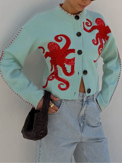 Damen-Strickjacke mit Oktopus-Motiv, Rundhals, Knopfleiste und Rippbündchen, Ansicht 3