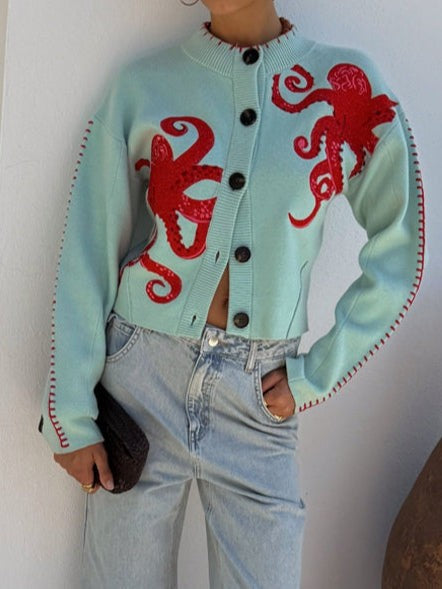 Damen-Strickjacke mit Oktopus-Motiv, Rundhals, Knopfleiste und Rippbündchen, Ansicht 4