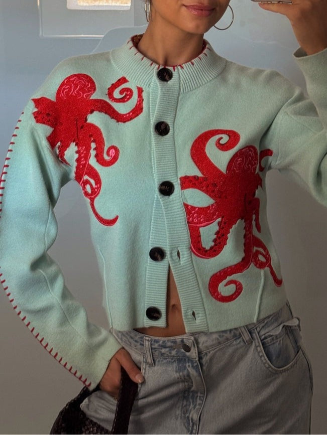 Damen-Strickjacke mit Oktopus-Motiv, Rundhals, Knopfleiste und Rippbündchen, Ansicht 5