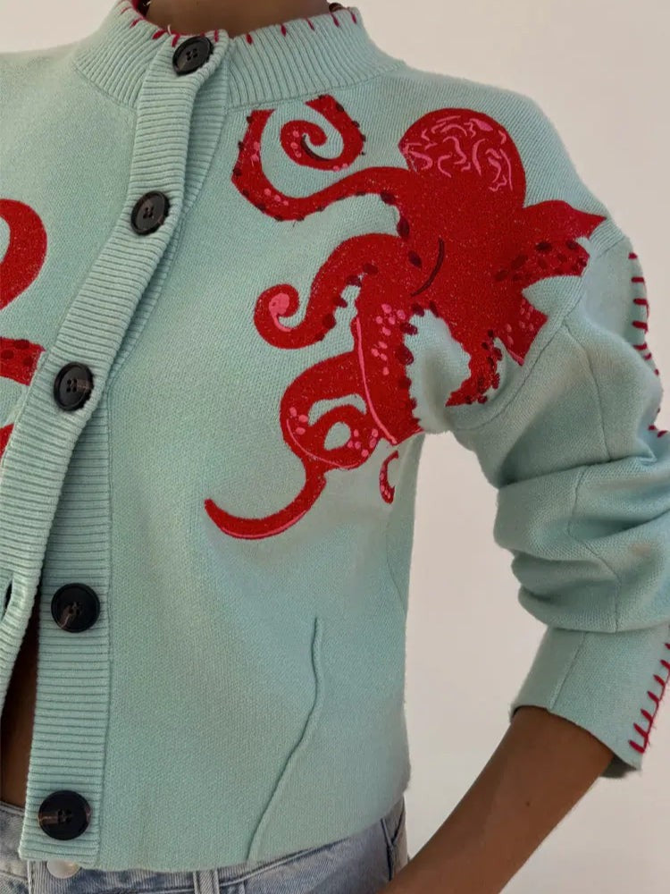Damen-Strickjacke mit Oktopus-Motiv, Rundhals, Knopfleiste und Rippbündchen, Ansicht 6