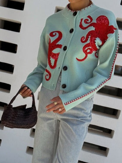 Damen-Strickjacke mit Oktopus-Motiv, Rundhals, Knopfleiste und Rippbündchen, Ansicht 7