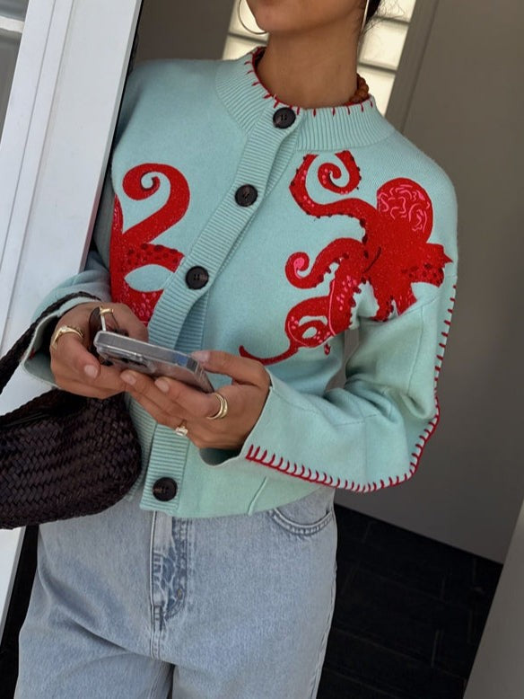 Damen-Strickjacke mit Oktopus-Motiv, Rundhals, Knopfleiste und Rippbündchen, Ansicht 8