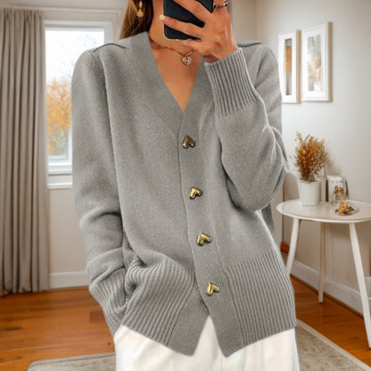 Damen-Strickjacke mit V-Ausschnitt, goldenen Herzknöpfen und gerippten Bündchen, Ansicht 8