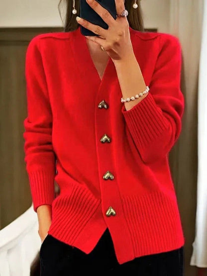 Damen-Strickjacke mit V-Ausschnitt, goldenen Herzknöpfen und gerippten Bündchen in Rot