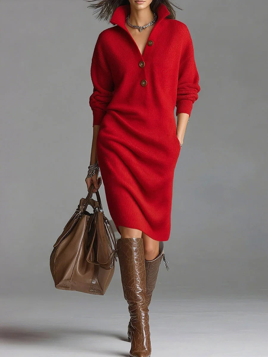 Damen-Strickkleid in Midilänge mit Rippstruktur, Polokragen und Knopfleiste in Rot