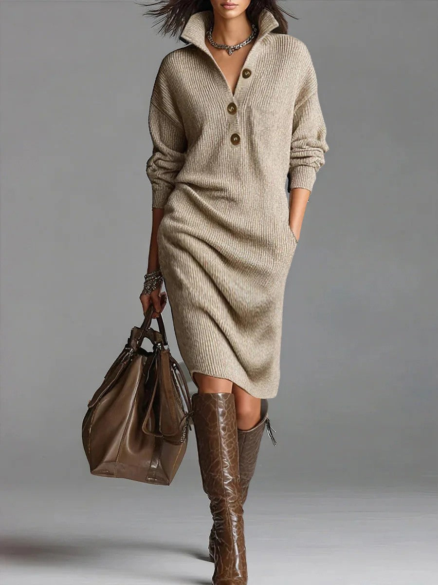 Damen-Strickkleid in Midilänge mit Rippstruktur, Polokragen und Knopfleiste in Khaki