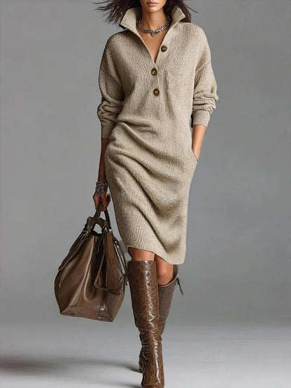 Damen-Strickkleid in Midilänge mit Rippstruktur, Polokragen und Knopfleiste in Khaki