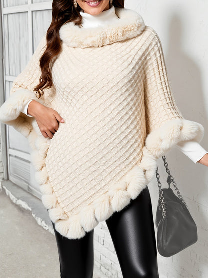 Damen-Strickponcho mit flauschigem Besatz und hohem Kragen für Herbst und Winter, Ansicht 7