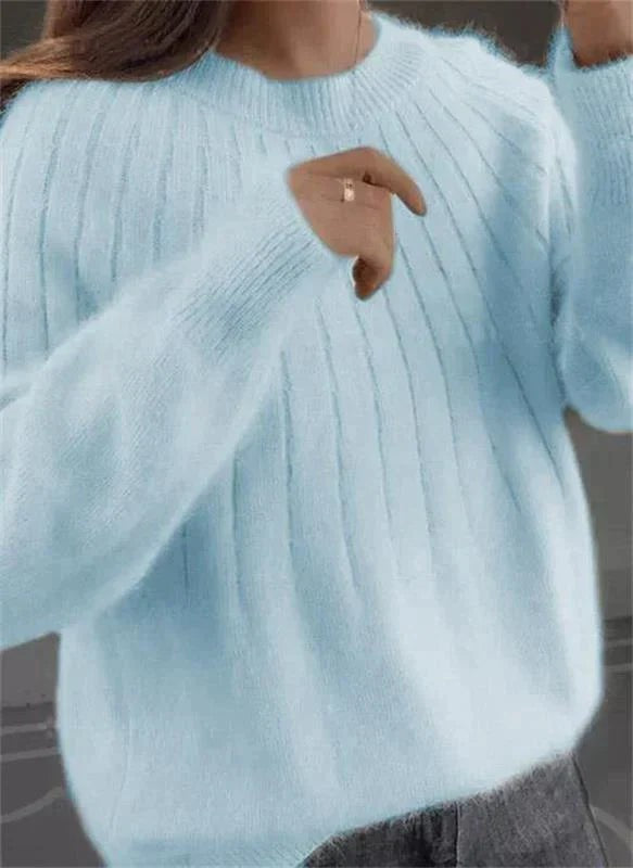 Weicher Damen-Strickpullover mit Rippenmuster und Rundhalsausschnitt in Hellblau
