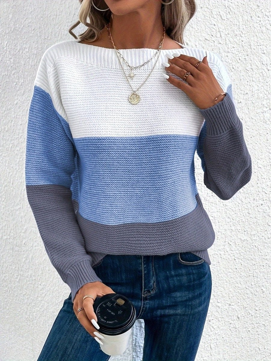 Damen-Strickpullover mit Colour-Blocking, weitem Ausschnitt und lockerer Passform in Blau