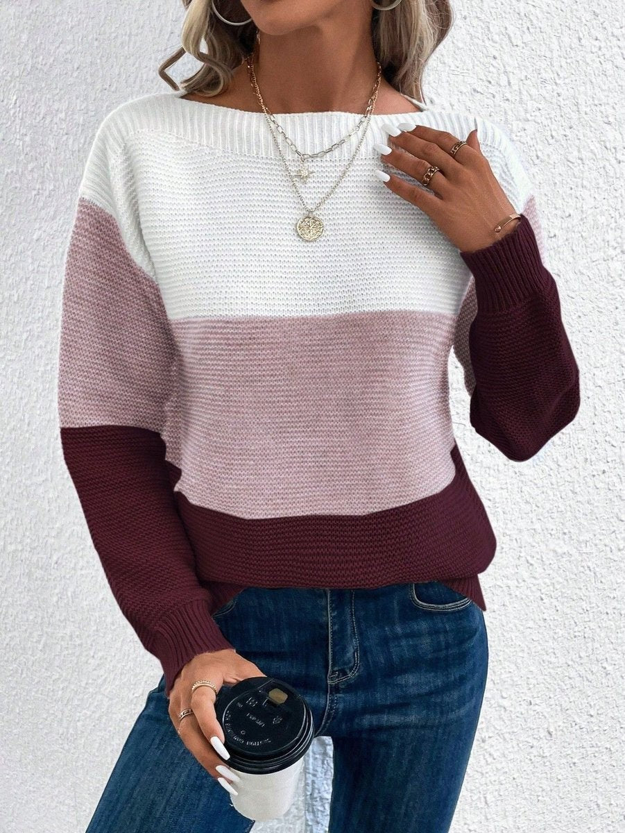 Damen-Strickpullover mit Colour-Blocking, weitem Ausschnitt und lockerer Passform in Bordeaux