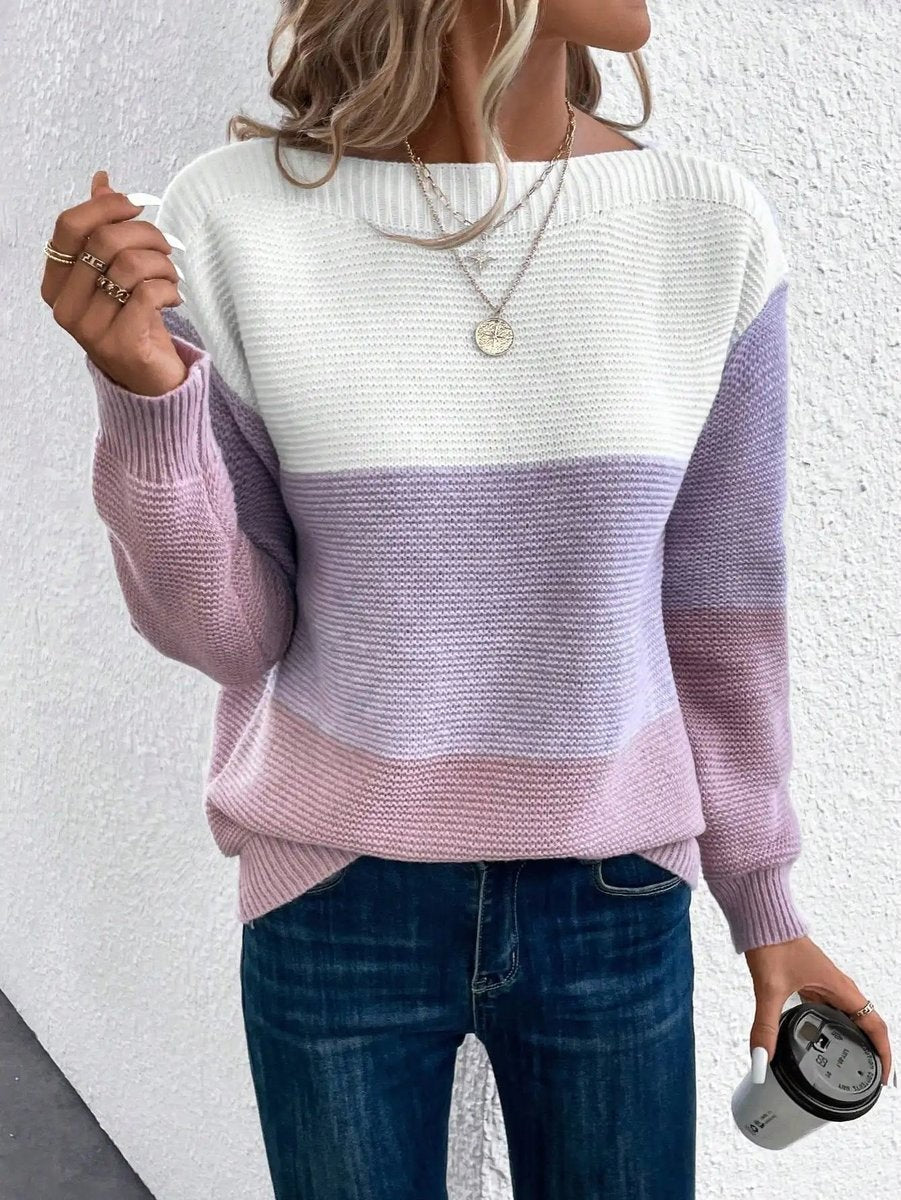 Damen-Strickpullover mit Colour-Blocking, weitem Ausschnitt und lockerer Passform in Lila