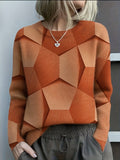 Damen-Strickpullover mit geometrischem 3D-Muster, Rundhals und langen Ärmeln
