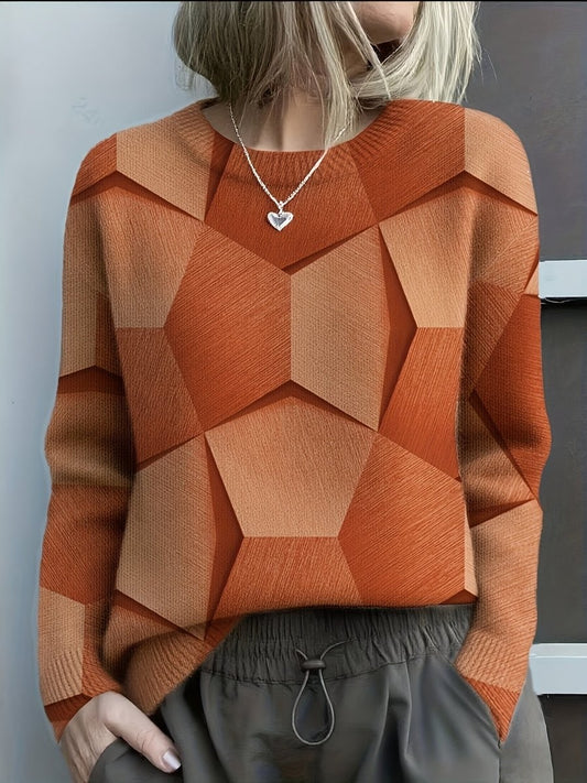 Damen-Strickpullover mit geometrischem 3D-Muster, Rundhals und langen Ärmeln in Orange