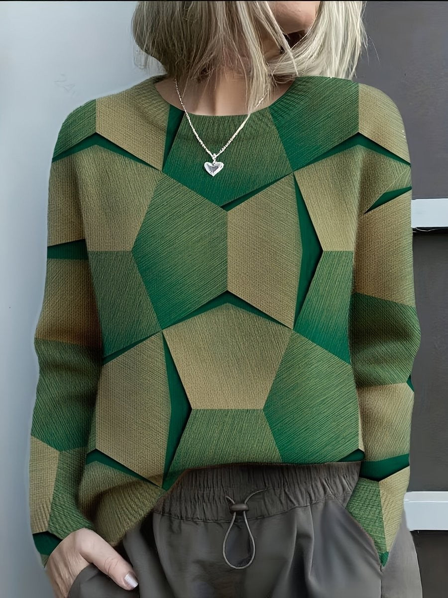 Damen-Strickpullover mit geometrischem 3D-Muster, Rundhals und langen Ärmeln in Grün