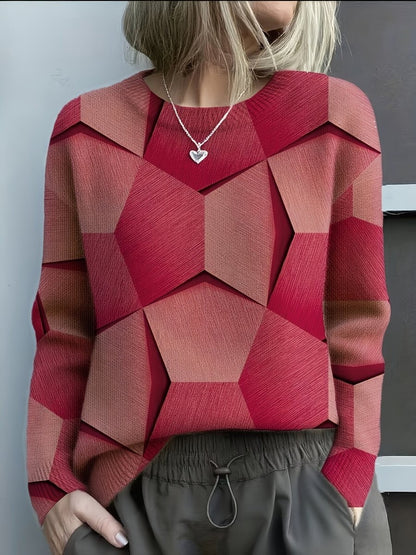 Damen-Strickpullover mit geometrischem 3D-Muster, Rundhals und langen Ärmeln in Rot