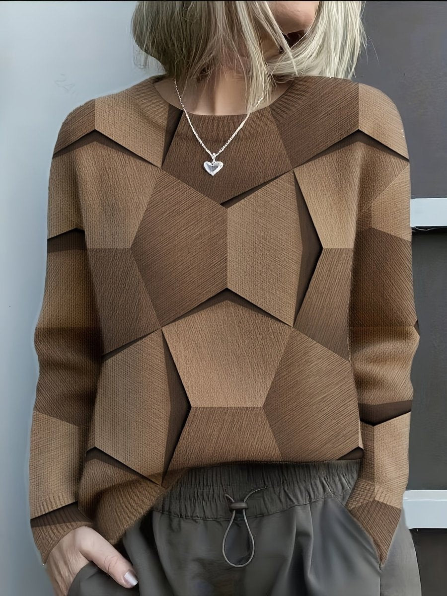 Damen-Strickpullover mit geometrischem 3D-Muster, Rundhals und langen Ärmeln in Braun
