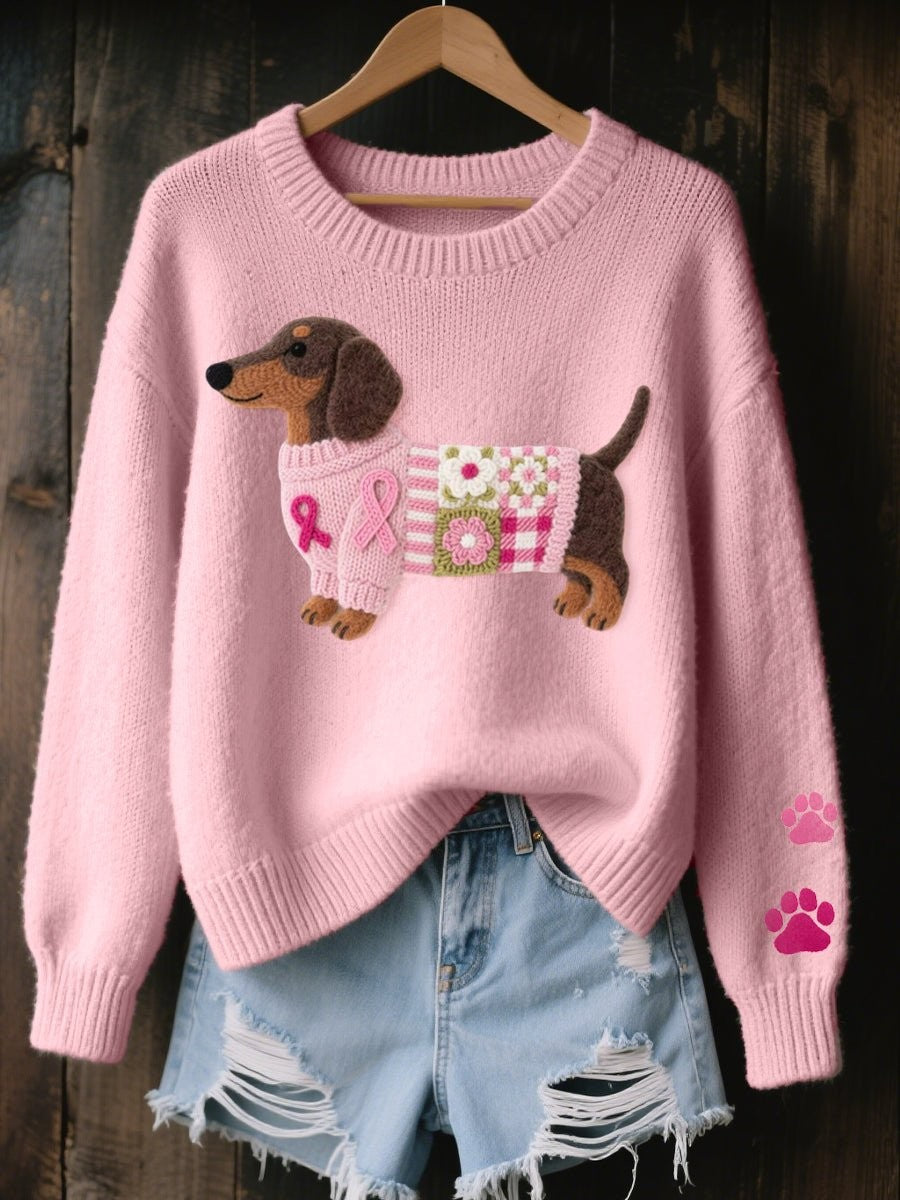 Damen-Strickpullover mit gesticktem Dackel-Motiv, Rundhals und Pfoten auf dem Ärmel in Pink
